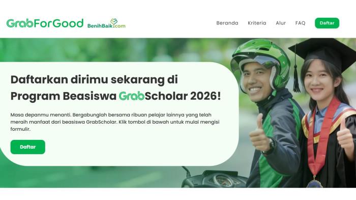 BEASISWA GRAB 2026 - Laman pendaftaran Beasiswa Grab 2026. Program Beasiswa Grab 2026 saat ini masih membuka pendaftaran bagi peserta dari berbagai jenjang pendidikan, mulai dari siswa sekolah dasar (SD), sekolah menengah pertama (SMP), sekolah menengah atas/sekolah menengah kejuruan (SMA/SMK), hingga mahasiswa program sarjana (S1).