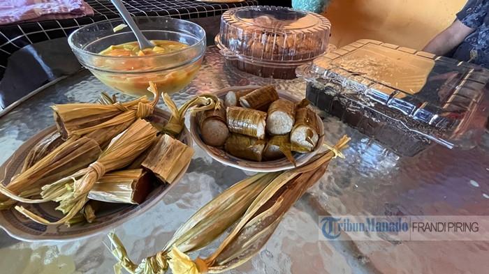 Kue dodol dan nasi jah di salah satu rumah yang open house pengucapan syukur di Desa Kapoya Minsel