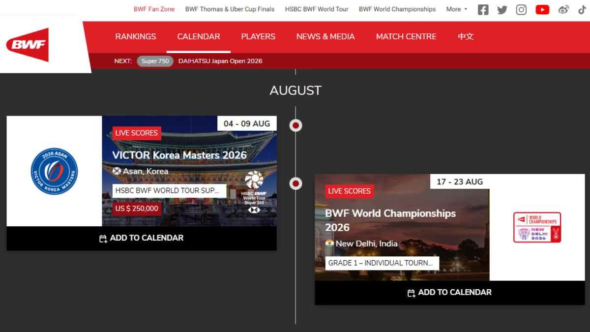 Kalender resmi BWF Agustus 2026 menampilkan jadwal VICTOR Korea Masters 2026 serta BWF World Championships 2026 yang menjadi agenda bulu tangkis dunia bulan Agustus.