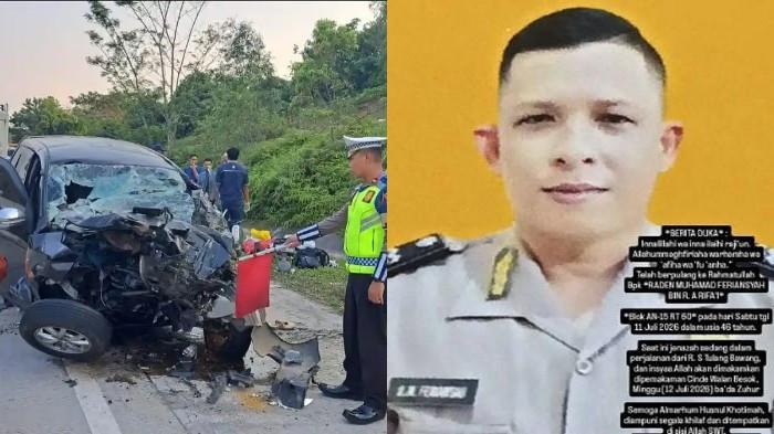 POLISI TEWAS KECELAKAAN -- Aiptu Raden Muhammad Feriansyah (46), anggota polisi aktif yang berdinas di Direktorat Pengamanan Objek Vital (Ditpamobvit) Polda Sumsel tewas kecelakaan di ruas Tol Terbanggi Besar–Simpang Pematang–Kayu Agung (Terpeka) KM 187+600 Jalur A, Lampung, pada Sabtu (11/7/2026) sore. (Kiri) Polisi saat melakukan olah TKP.