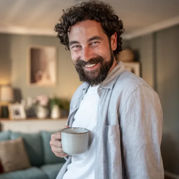 happy man drinking his favorite beverage at home