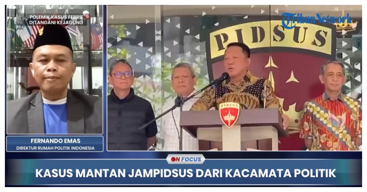 KASUS EKS JAMPIDSUS - Direktur Rumah Politik Indonesia, Fernando Emas dalam Program Tribunnews On Focus yang dipandu host Agung Laksono dari studio Tribunnews Solo, Colomadu, Karanganyar, Jawa Tengah, tayang Senin (13/7/2026). Fernando Emas menilai, kasus Eks Jampidsus Febrie ini tidak akan ditangani secara tuntas begitu dialihkan dari Polri ke Kejaksaan.