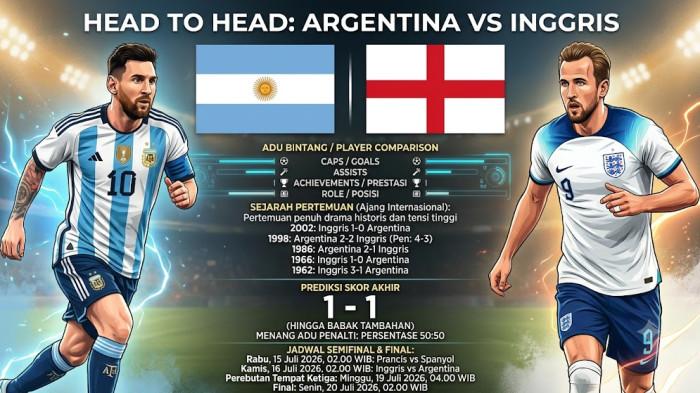 ARGENTINA VS INGGRIS -- Prediksi Skor Argentina Vs Inggris 16 Juli 2026, Line-Up, H2H dan Jam Duel 4 Besar Piala Dunia 2026.