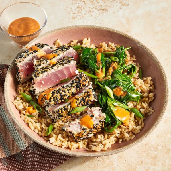 an image of the Sesame-Crusted Tuna Rice Bowls Credit: Photographer: Jen Causey, Food Stylist: Margaret Monroe Dickey, Prop Stylist: Christina Daley