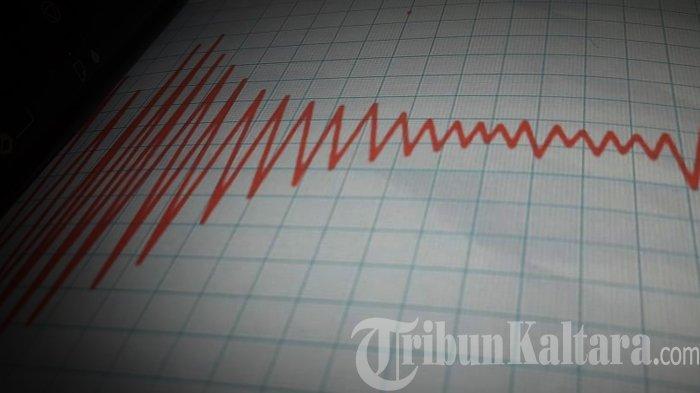 GEMPA GUNCANG BANYUWANGI - Grafik gelombang seismik pada seismograf, pendeteksi guncangan gempa bumi. Informasi pusat gempa terkini 2 menit yang lalu mengguncang Banyuwangi, Jawa Timur, BMKG catat guncangan magnitudo 2.4 kedalaman 12 km di Selat Bali, Rabu (15/7/2026).