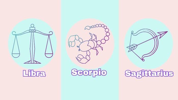 RAMALAN ZODIAK BESOK - Ilustrasi zodiak Libra, Scorpio, Sagittarius dibuat dengan aplikasi Canva. Berikut ramalan zodiak besok Jumat, 18 Juli 2025.