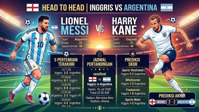 INGGRIS VS ARGENTINA -- Prediksi Skor Inggris Vs Argentina 16 Juli Jam 02.00 Piala Dunia 2026, H2H dan Peluang Lawan Spanyol.