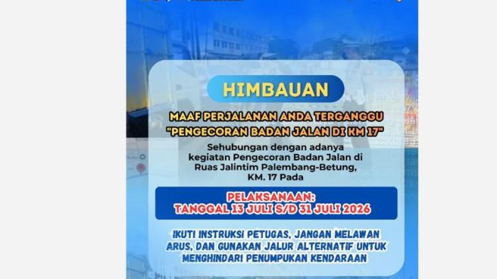 JALINTIM MACET - Jalan Lintas Timur (Jalintim) Jambi-Palembang KM 17, macet karena sedang ada pekerjaan pengecoran badan jalan, Rabu (15/7/2026) malam. Berikut ini jalur alternatifnya.
