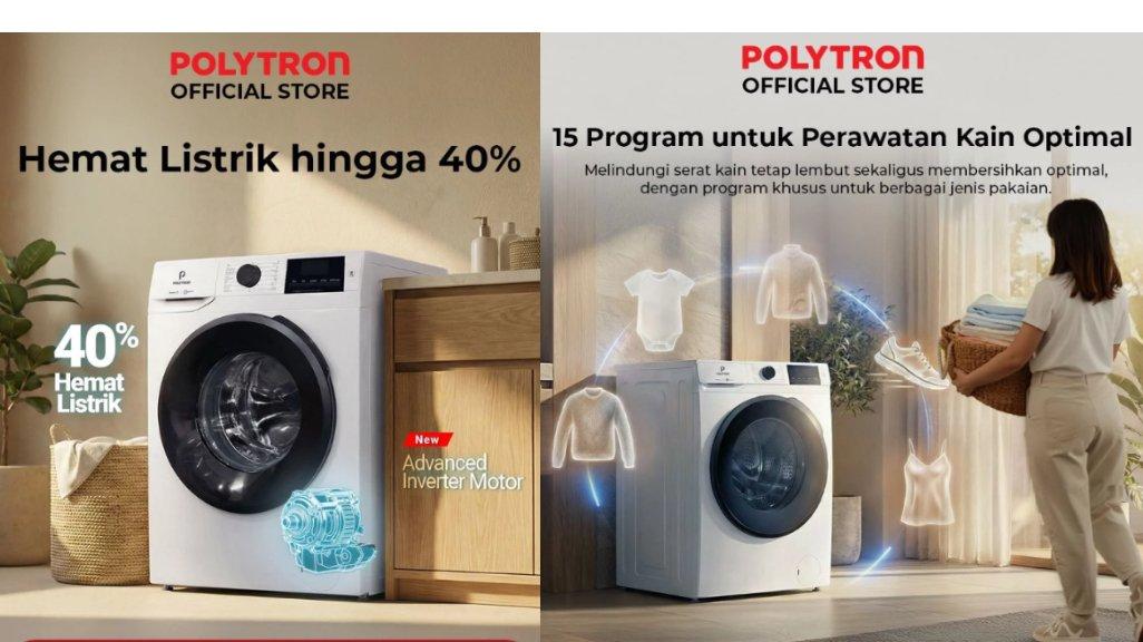 POLYTRON Mesin Cuci Front Load 7 KG Steam Inverter Low Watt Wonder Wash Series - PFL 7108