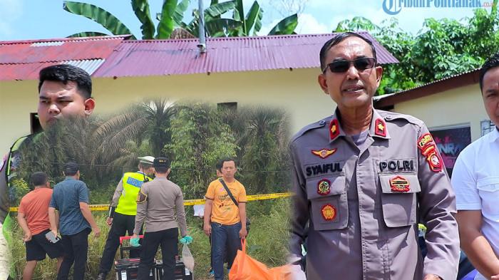 MISTERI JASAD PRIA - Kolase Waka Polres Landak Kompol Syaiful Bahri (dua dari kiri) bersama Kasat Lantas Iptu Risandy Indra Waspada (paling kiri) memberikan keterangan pada Rabu 15 Juli 202 dan foto petugas mengevakuasi jasad pria yang tewas tanpa identitas di tepi jalan raya Ngabang-Serimbu di Dusun Ambarang II, Desa Ambarang, Kecamatan Ngabang, Kabupaten Landak pada Selasa 14 Juli 2026 sekitar pukul 07.20 WIB.
