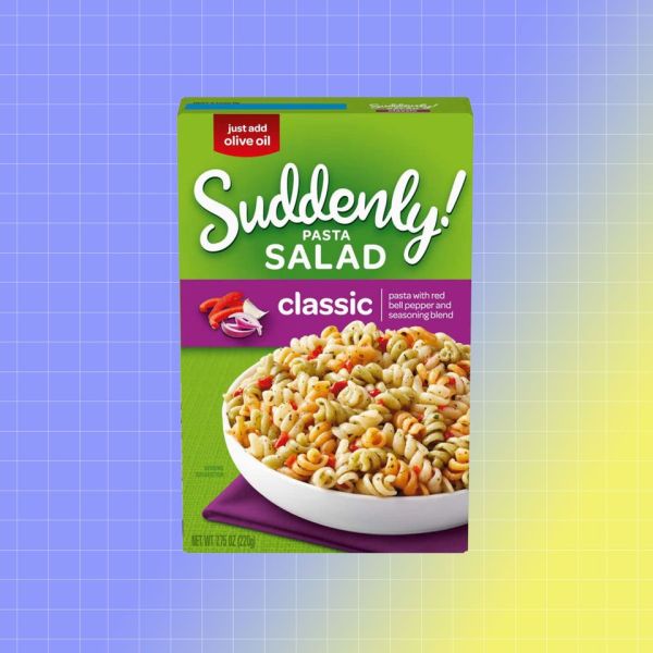 A box of Suddenly Pasta Salad Classic flavor classic mix against a gradient background Credit: Dollar General. EatingWell design.