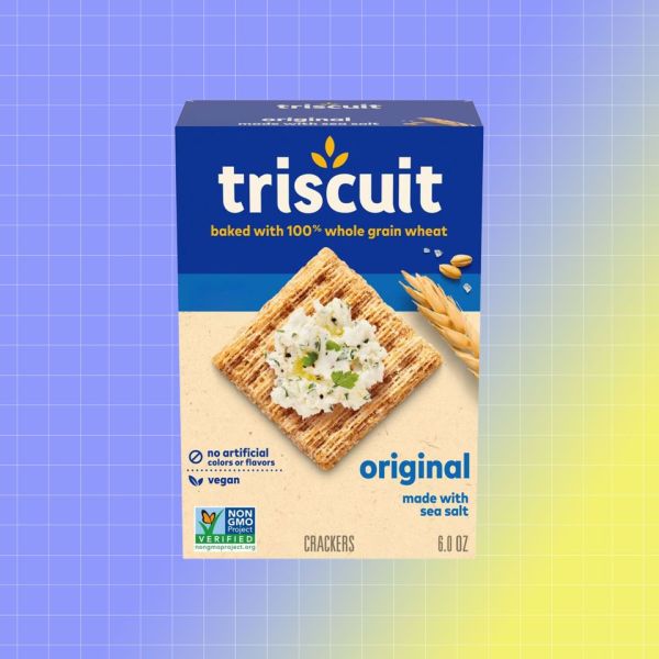 Triscuit crackers box placed on a gradient grid background Credit: Dollar General. EatingWell design.