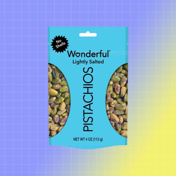 A bag of Wonderful Lightly Salted Pistachios against a gradient background Credit: Dollar General. EatingWell design.