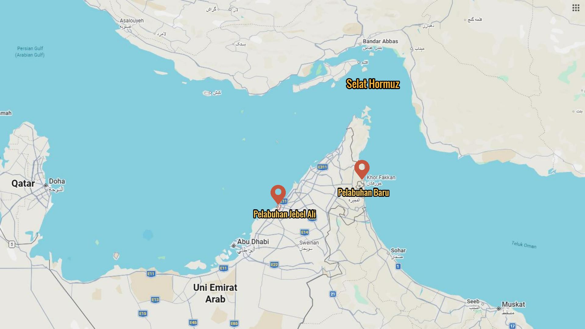 ALTERNATIF SELAT HORMUZ - Tangkap layar Google Maps memperlihatkan lokasi pelabuhan baru sebagai alternatif Jebel Ali.