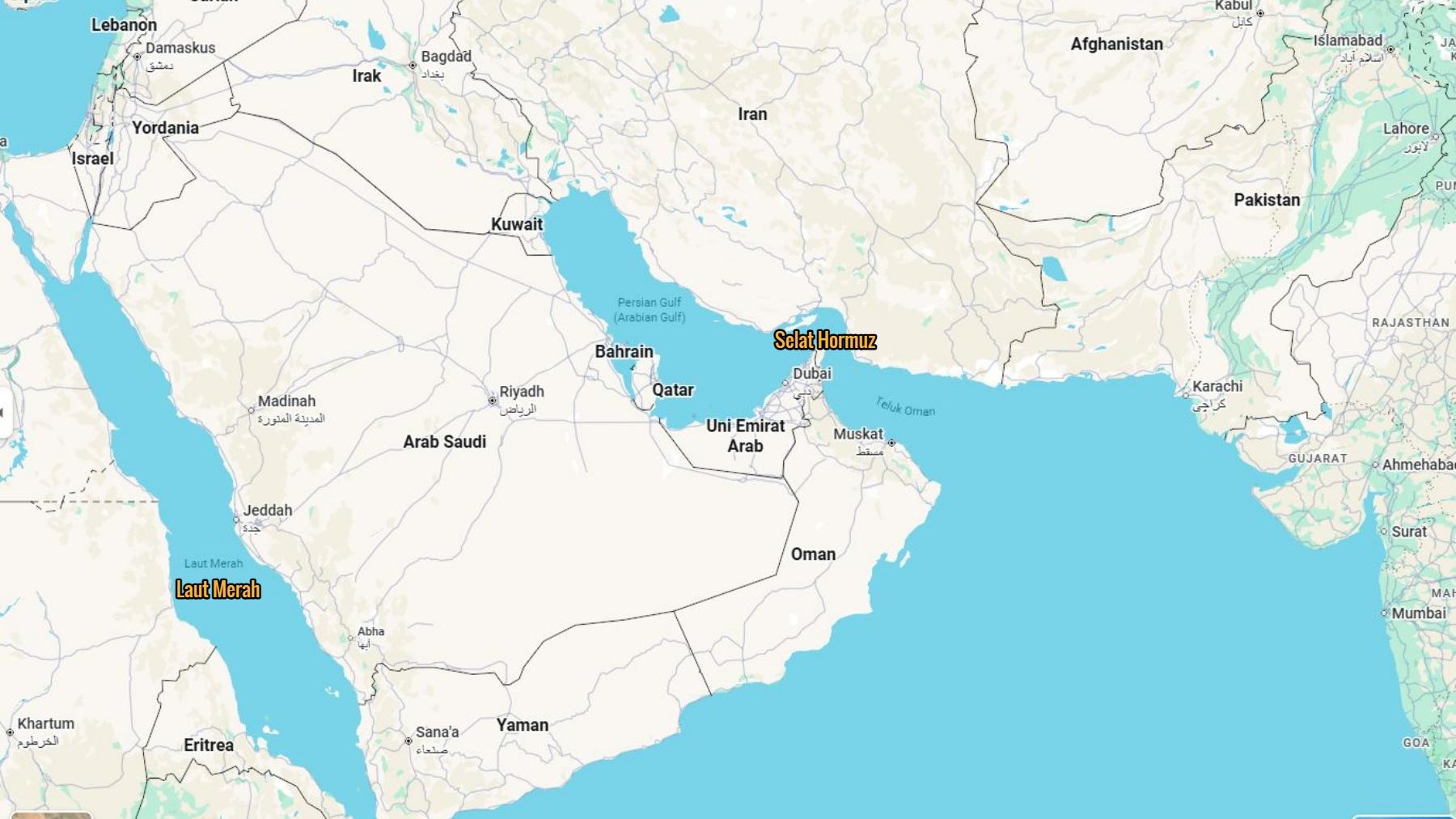 ALTERNATIF SELAT HORMUZ - Tangkap layar Google Maps memperlihatkan Laut Merah dan Selat Hormuz.