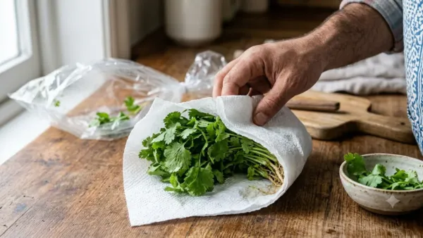 Wrap it in a paper towel for a long lasting corriander Wrap it in a paper towel for a long lasting corriander