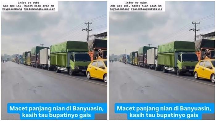 MACET PARAH- Kemacetan panjang terjadi di Jalan Lintas Timur (Jalintim) Banyuasin akibat proyek pengecoran jalan nasional di KM 17, Kecamatan Talang Kelapa, Kamis (16/7/2026). Satlantas Polres Banyuasin menjelaskan kemacetan disebabkan adanya pekerjaan pengecoran jalan yang mengharuskan petugas memberlakukan sistem buka tutup arus lalu lintas.