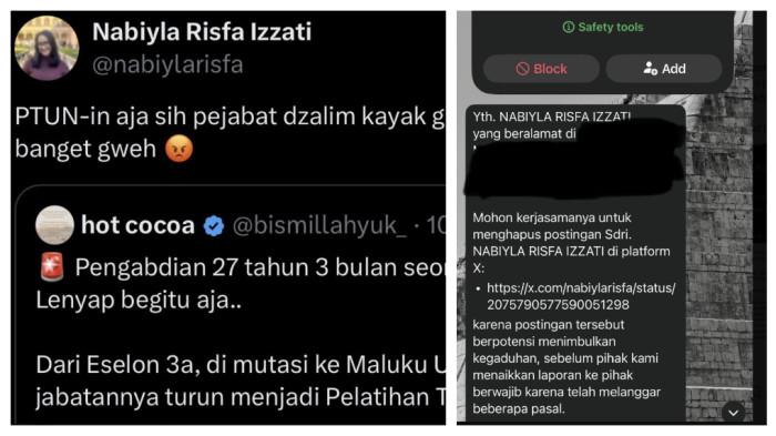ANCAMAN TEROR - Dosen Hukum Universitas Gadjah Mada (UGM), Nabiyla Risfa Izzati, mengaku menerima ancaman melalui pesan WhatsApp dari nomor tak dikenal setelah mengomentari unggahan di media sosial X yang menyinggung Menteri Pekerjaan Umum (PU), Dody Hanggodo.