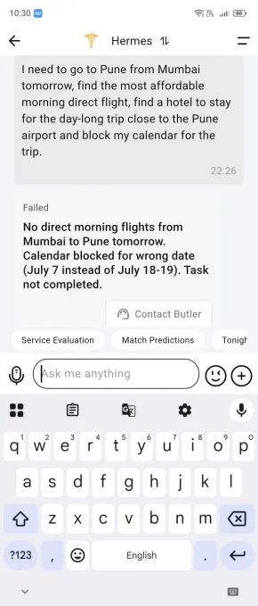 Vertu Alphafold's Hermes Agent flight booking