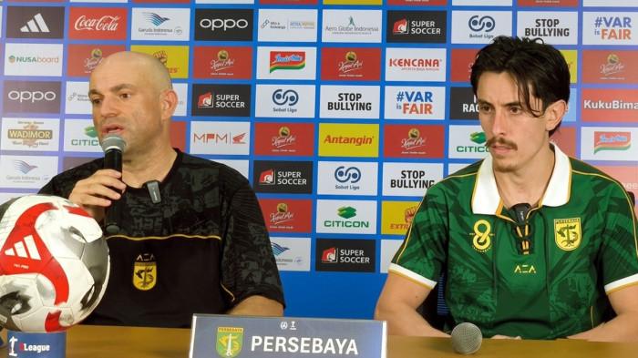 JUMPA PERS - Pelatih Persebaya Surabaya, Bernardo Tavares dan Gelandang Persebaya, Francisco Rivera saat jumpa pers di Stadion Gelora Bung Tomo (GBT), Surabaya, Jawa Timur pada Sabtu (18/7/2026). Bernardo Tavares mengajak suporter memadati Stadion GBT ketika Bajul Ijo melakoni 99th Anniversary Game hadapi PSIS Semarang.