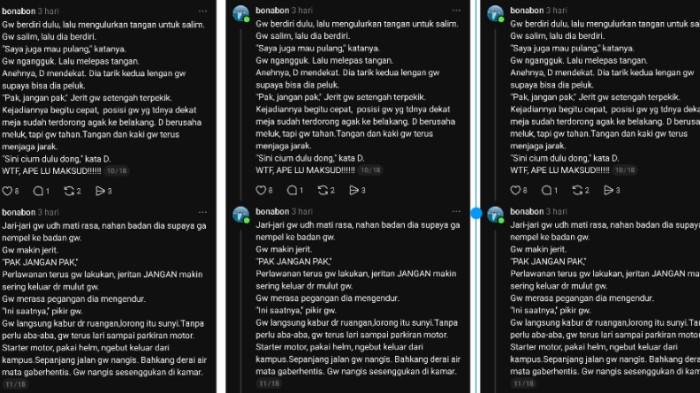 RAMAI DI THREADS- Unggahan akun Threads milik seorang alumni Universitas Diponegoro (Undip) yang mengaku menjadi korban dugaan pelecehan seksual oleh oknum dosen pembimbing saat menyusun skripsi. Cuitan ini ramai dan mendapat sorotan dari netizen - IST