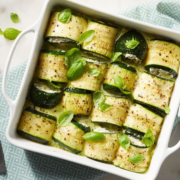 Basil-Parmesan Zucchini Roll-Ups Casserole Credit: Brie Passano