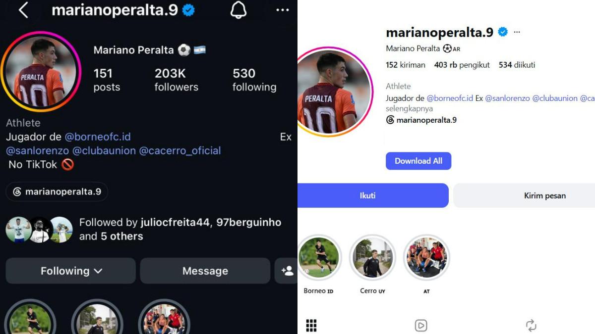 FOLLOWERS MELEJIT - Tangkapan layar followers (pengikut) Mariano Peralta terlihat bertambah, dari foto kiri ketika belum gabung Persib Bandung, Minggu (19/7/2026) sore, dan foto kanan setelah sudah gabung Maung Bandung, Senin (20/7/2026), sore.