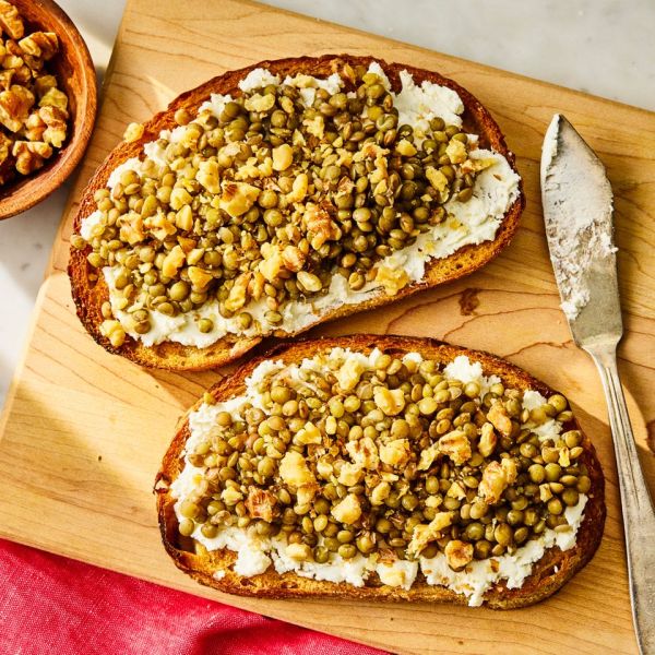 A recipe image of Lentil & Goat Cheese Toast. Credit: Photographer: Morgan Hunt Ward.