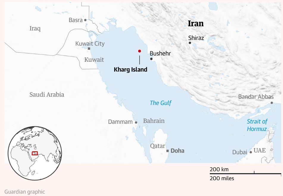 MINYAK IRAN - Tangkap layar The Guardian menampilkan letak Pulau Kharg, pusat minyak yang vital bagi perekonomian Iran. Pulau Kharg saat ini belum tersentuh serangan AS-Israel.