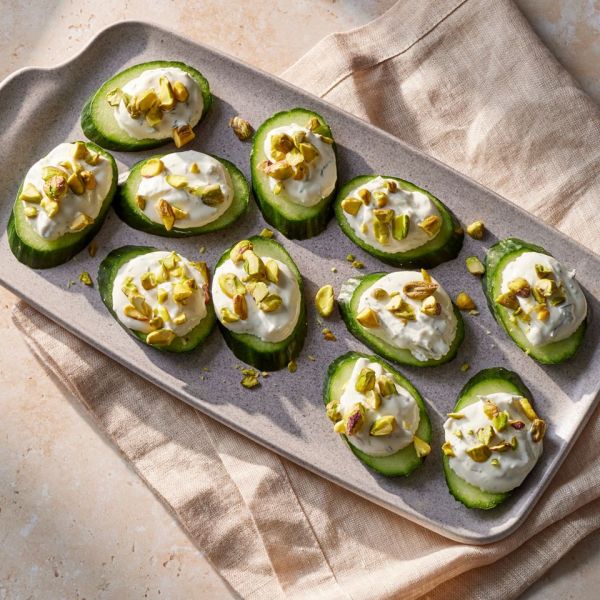 an image of the Tzatziki Cucumber Slices Credit: Photographer: Grant Webster, Food Stylist: Lauren McAnelly, Prop Stylist: Gabriel Greco