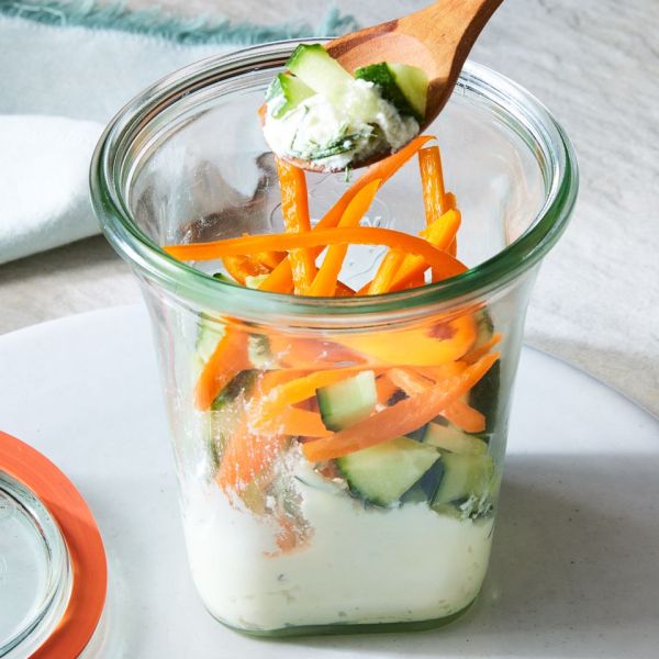 a recipe photo of the Cucumber-Dill Ricotta Snack Jar Credit: Photography: Rachel Marek, Food stylist: Addelyn Evans, Prop stylist: Gabriel Greco
