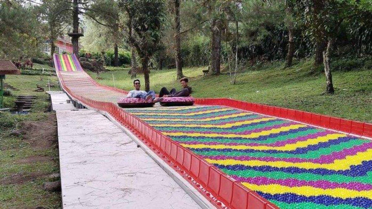 Pengunjung sedang menikmati wahana mountain slide yang ada di Kaliurang Park Botanical Garden Jogja.