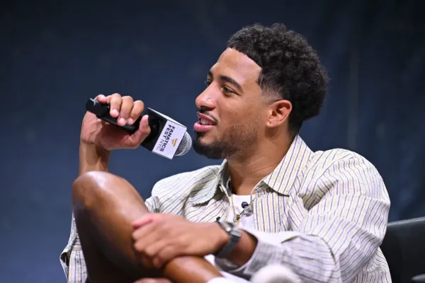 Tyrese Haliburton speaking onstage during the mind the game panel at Fanatics Fest NYC 2026.