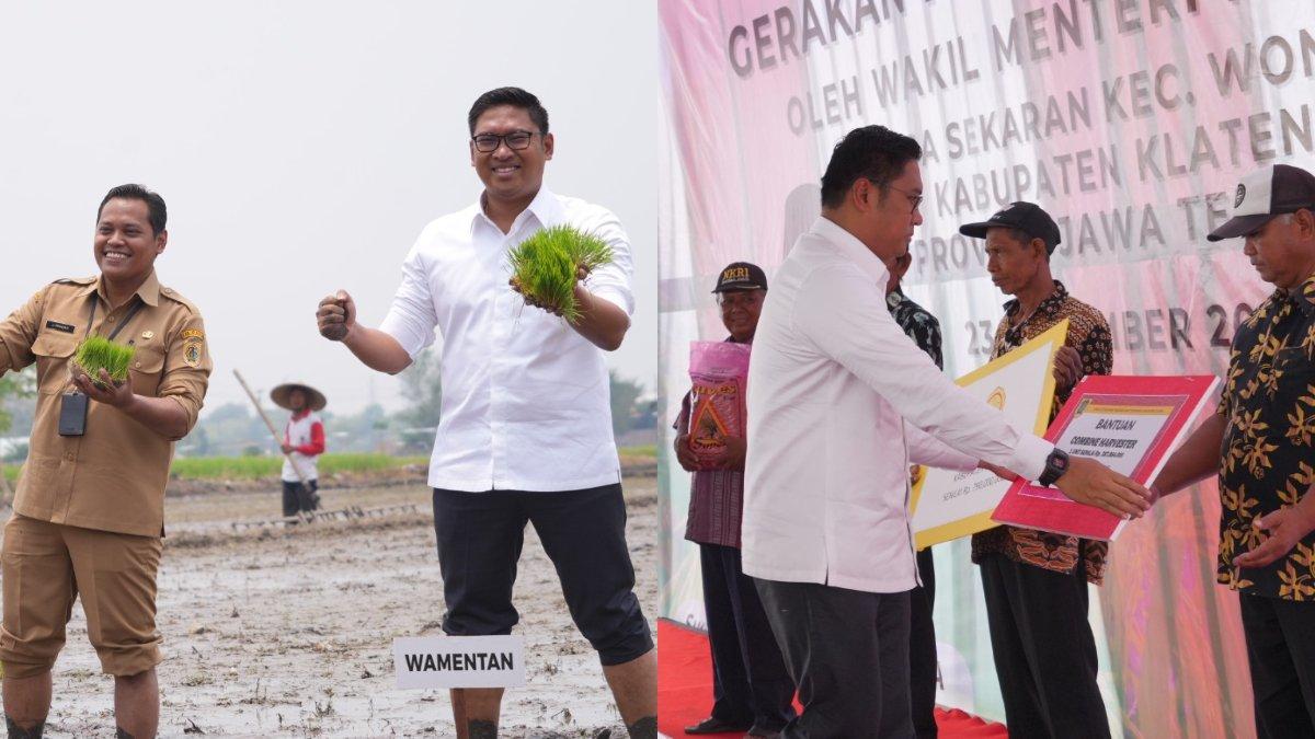 Wakil Menteri Pertanian (Wamentan) RI Sudaryono (kanan) bersama jajaran Kementrian Pertanian RI (kiri) dan Sekda Klaten Jajang Prihono (tengah) menanam bibit padi di area persawahan Desa Sekaran, Kecamatan Wonosari, Klaten, Senin (23/9/2024).