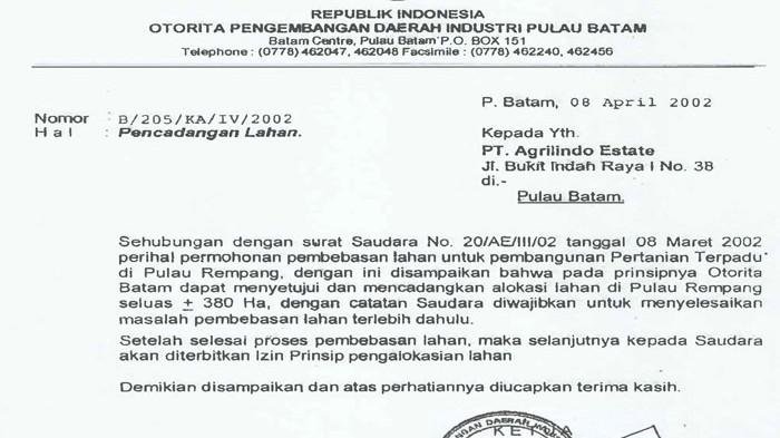 LAHAN DI BATAM - Dokumen yang dikeluarkan Otorita Batam (Badan Pengusahaan Batam saat ini) terkait pembangunan pertanian terpadu PT Agrilindo di Pulau Rempang, Kota Batam, Provinsi Kepulauan Riau (Kepri).