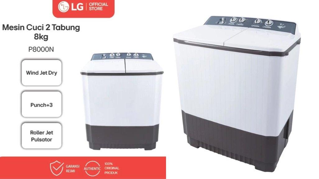 LG Mesin Cuci Twin Tub 8 Kg - Top Load Roller Jet Pulsator 3 Program Pencucian 3 Punch Wind Jet Dry | P8000N.