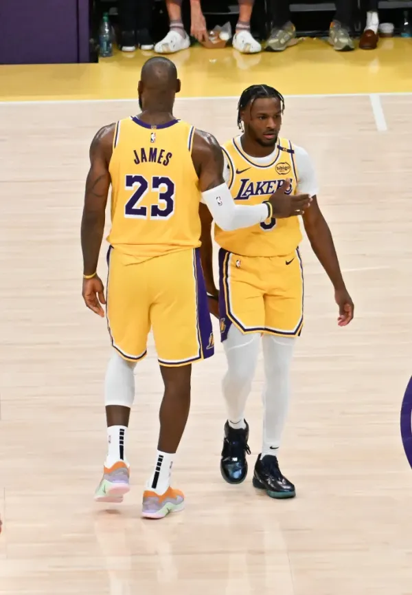 LeBron and Bronny James during a 2024 game against the Timberwolves.