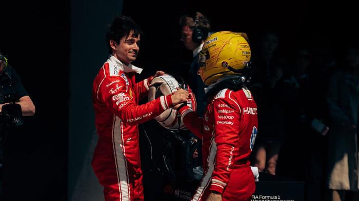LECLERC DAN HAMILTON - Dua pembalap besutan Ferrari F1, Charles Leclerc dan Lewis Hamilton setelah melakoni sprint race GP China 2026 di Sirkuit Internasional Shanghai, China, pada Sabtu (14/3/2026).