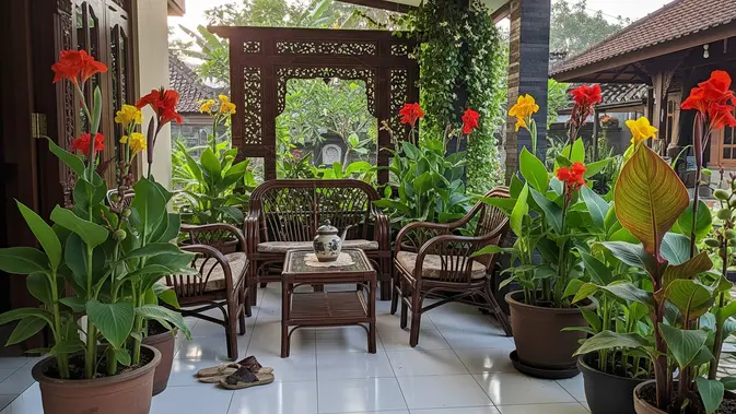 Canna Lily (Bunga Tasbih) di teras rumah. (AI Generated)