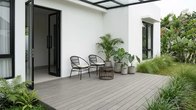 Teras Minimalis Modern dengan Lantai Kayu Komposit Abu-Abu/  Inspirasi Teras dengan Lantai Kayu Komposit (AI generated)