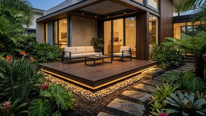 Floating Deck untuk Halaman yang Lebih Fleksibel/  Inspirasi Teras dengan Lantai Kayu Komposit (AI generated)