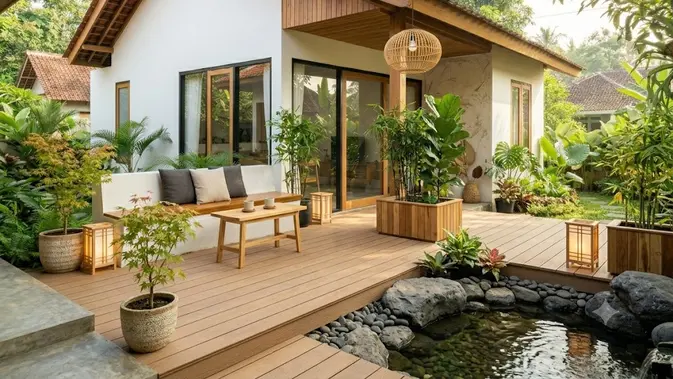 Teras Bergaya Jepang yang Hangat dan Natural/  Inspirasi Teras dengan Lantai Kayu Komposit (AI generated)