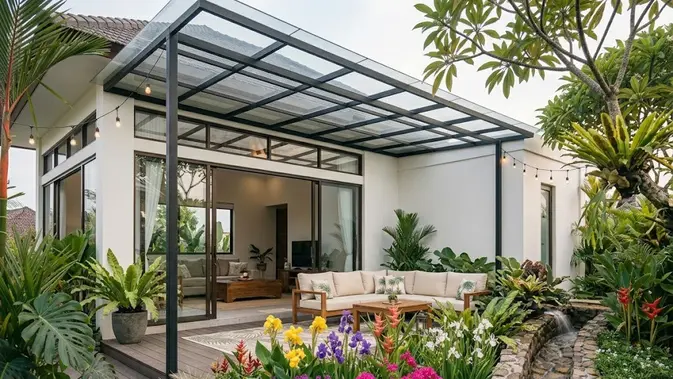 Teras Semi Outdoor yang Nyaman Sepanjang Hari/  Inspirasi Teras dengan Lantai Kayu Komposit (AI generated)