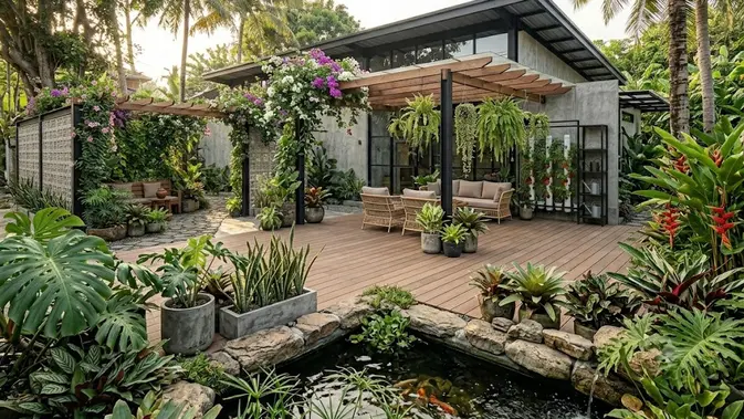 Teras Tropis Menyatu dengan Taman/  Inspirasi Teras dengan Lantai Kayu Komposit (AI generated)