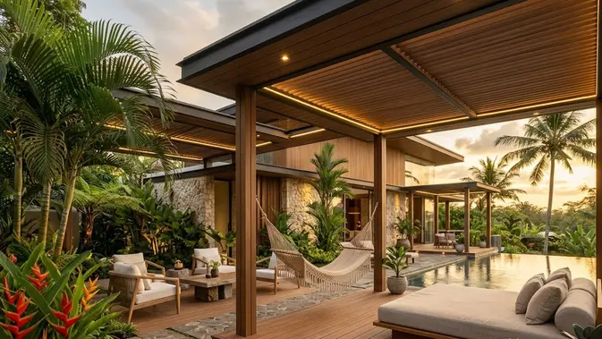 Teras Ala Resort dengan Sentuhan Batu Alam/  Inspirasi Teras dengan Lantai Kayu Komposit (AI generated)