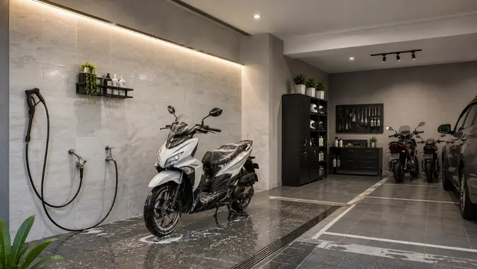 Tempat Cuci Motor dengan Dinding Keramik. (AI Generated)