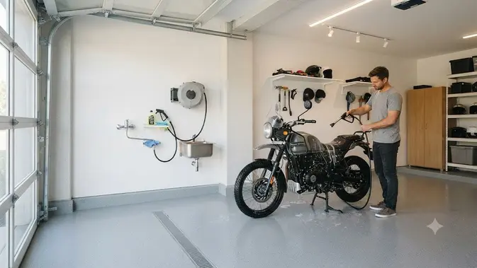 Tempat Cuci Motor yang Menyatu dengan Garasi. (AI Generated)