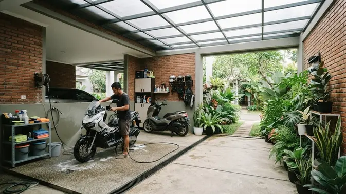 Area Cuci Motor Semi Outdoor. (AI Generated)