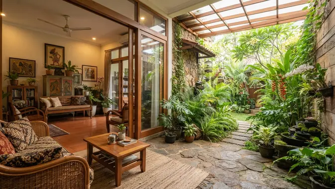 Rumah dengan Half Outdoor Living Room sebagai Tren Baru untuk Iklim Tropis Model Taman Samping Rumah (image generated by AI)