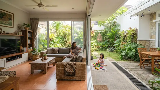 Rumah dengan Half Outdoor Living Room sebagai Tren Baru untuk Iklim Tropis Menghadap Ke Halaman Belakang (image generated by AI)
